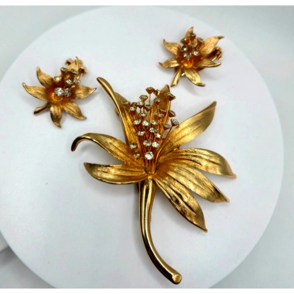 Vintage Judy Lee Goldtone Stargazer Brooch & Earrings Set w/ Rhinestones